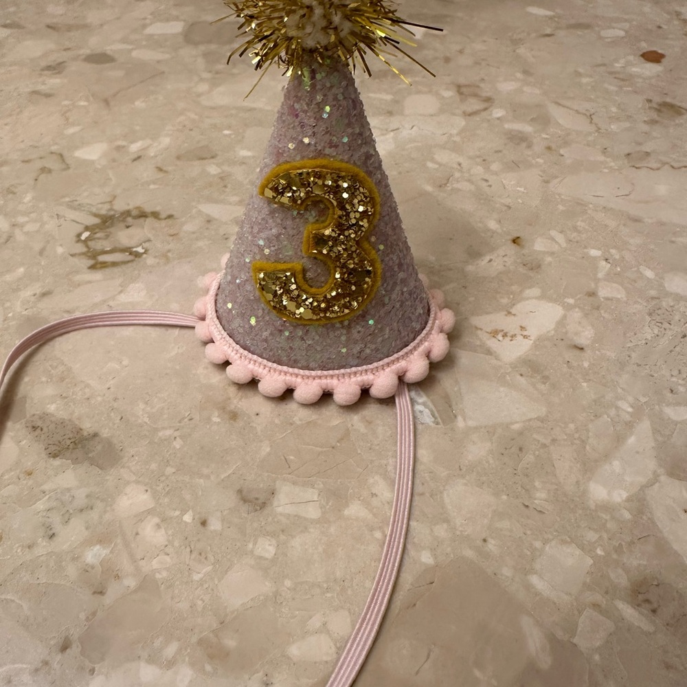 Glittery Gold and Pink Birthday Hat for Kids. Little Blue Olive “3” Party Hat